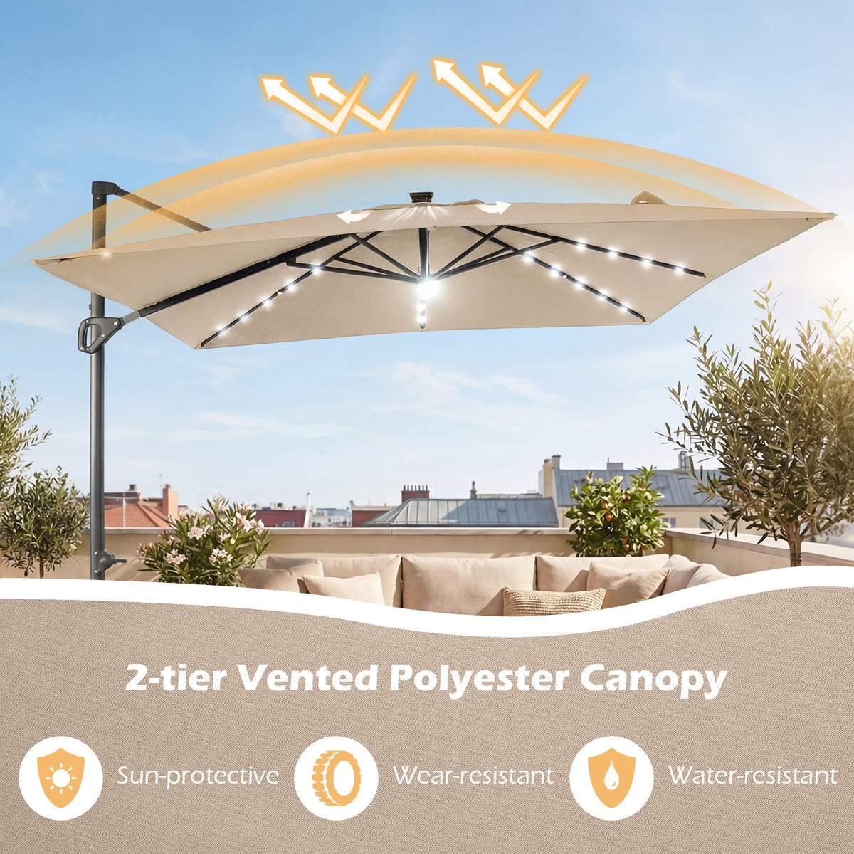 10 FT Cantilever Patio Umbrella with Solar LED Lights for Pool and Garden-Beige view 7