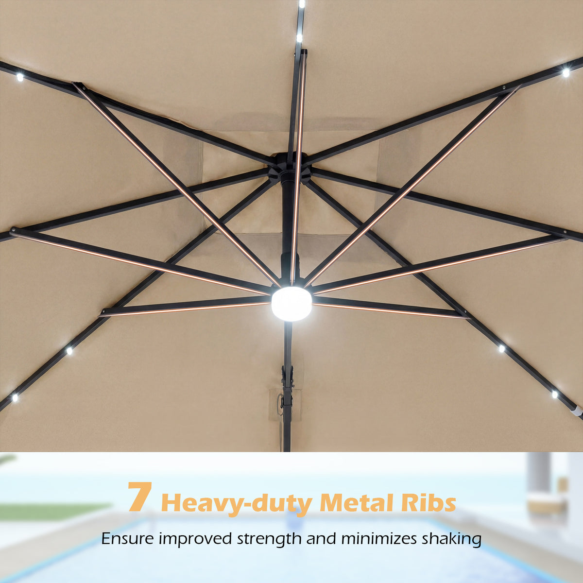 10 FT Cantilever Patio Umbrella with Solar LED Lights for Pool and Garden-Beige view 8