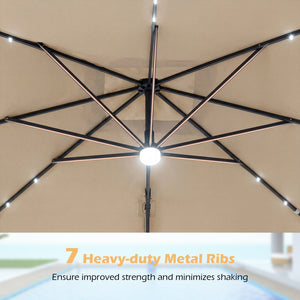 10 FT Cantilever Patio Umbrella with Solar LED Lights for Pool and Garden-Beige view 8