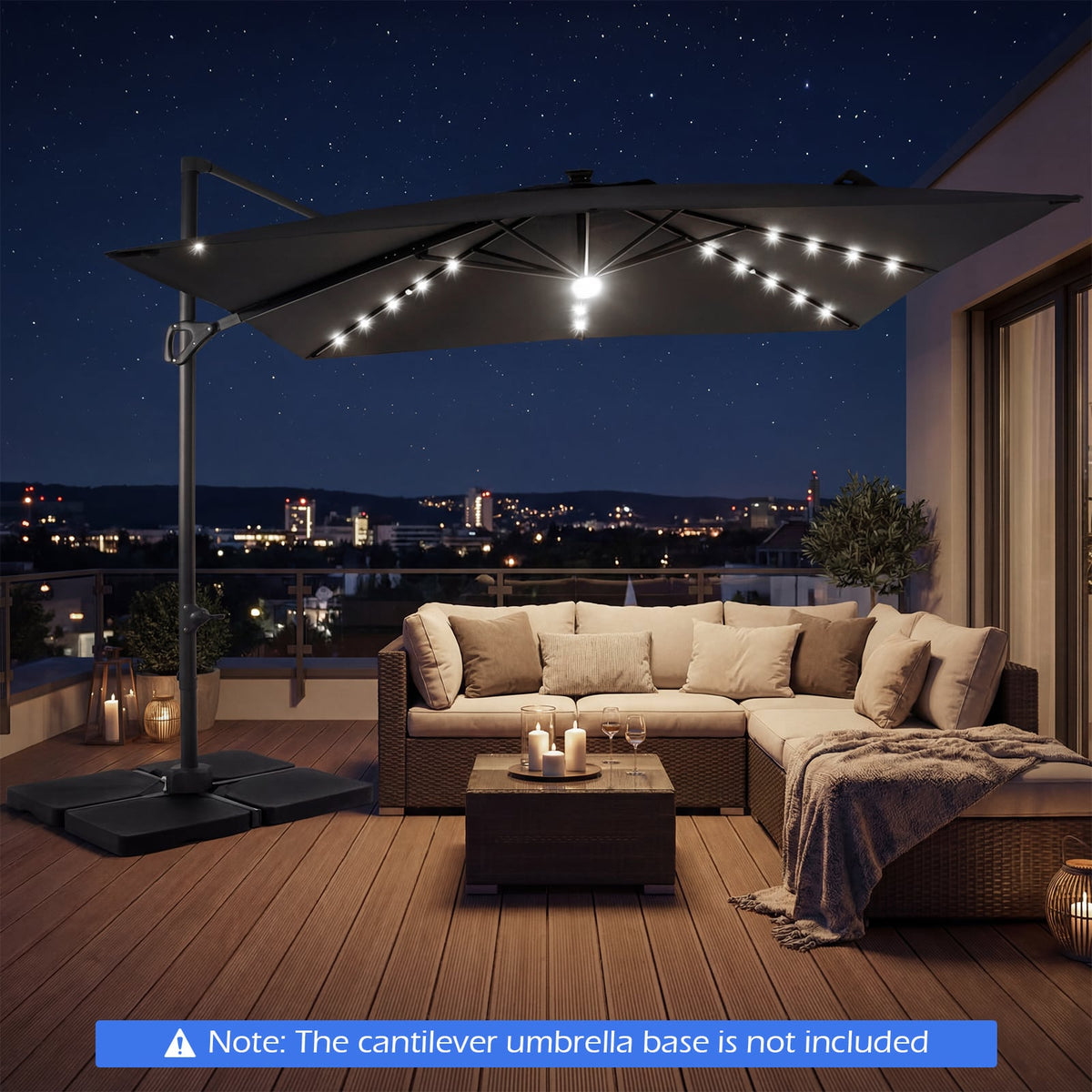 10 FT Cantilever Patio Umbrella with Solar LED Lights for Pool and Garden-Gray view 3