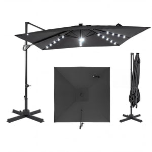 10 FT Cantilever Patio Umbrella with Solar LED Lights for Pool and Garden-Gray