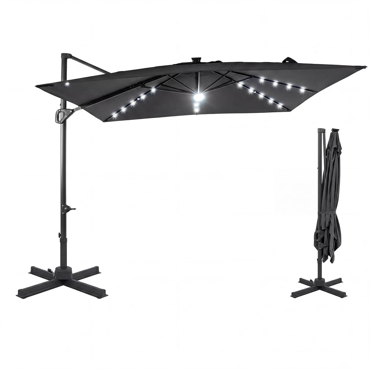 10 FT Cantilever Patio Umbrella with Solar LED Lights for Pool and Garden-Gray view 4