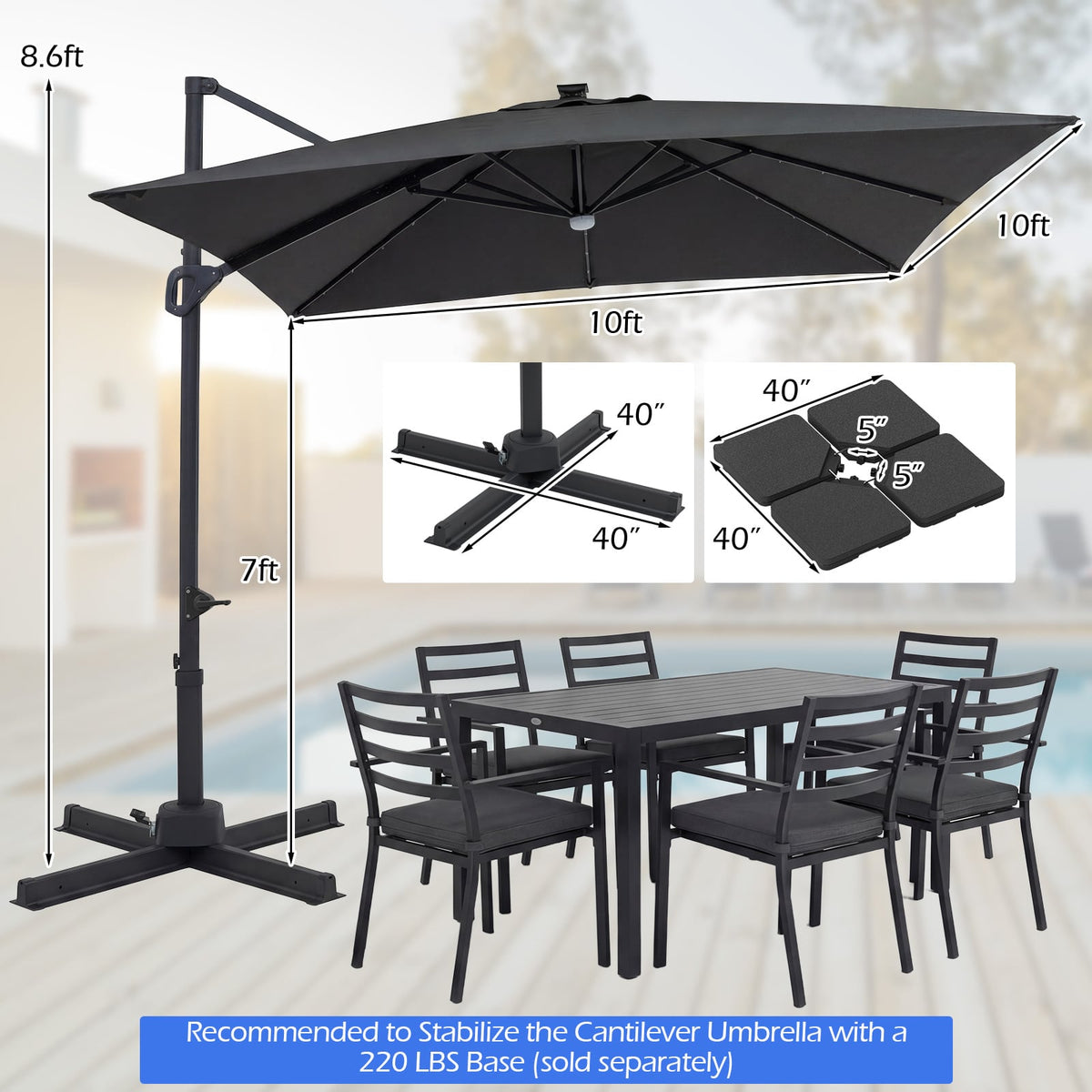 10 FT Cantilever Patio Umbrella with Solar LED Lights for Pool and Garden-Gray view 5