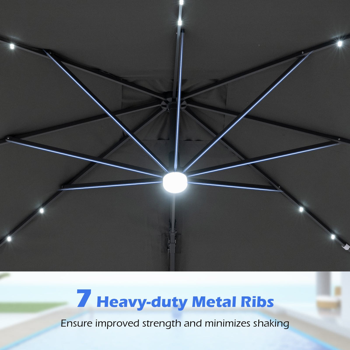 10 FT Cantilever Patio Umbrella with Solar LED Lights for Pool and Garden-Gray view 8