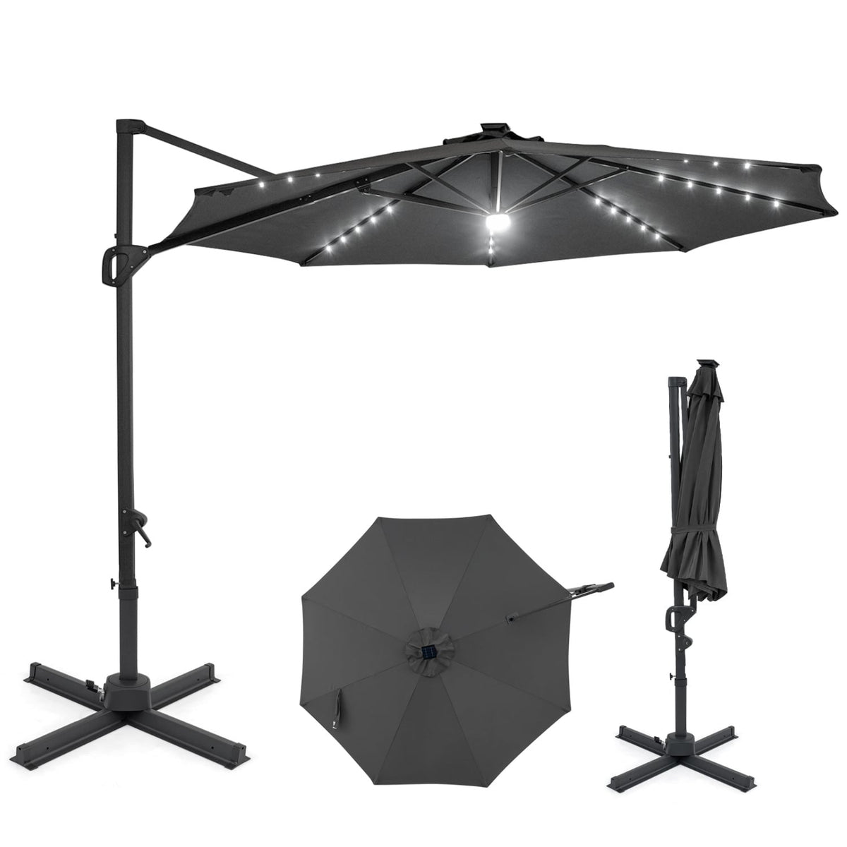 10 FT Cantilever Patio Umbrella with Solar LED Lights 360° Rotation-Gray