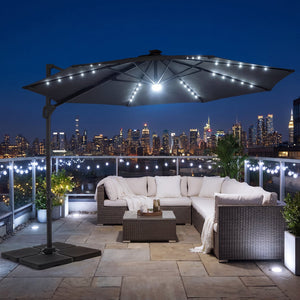10 FT Cantilever Patio Umbrella with Solar LED Lights 360° Rotation-Gray view 3