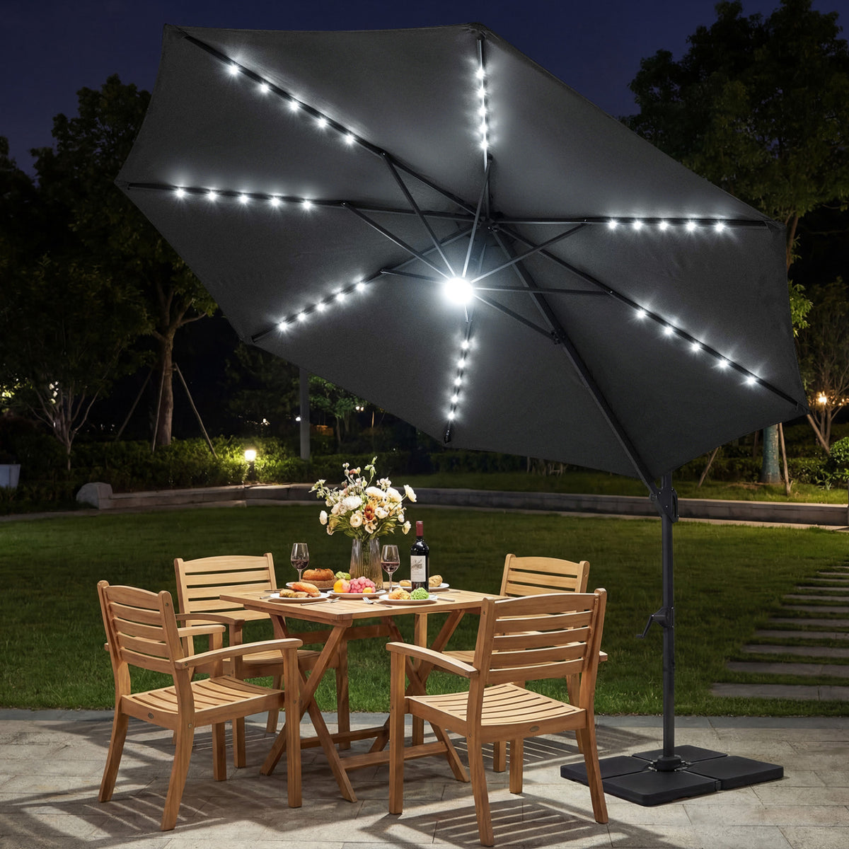 10 FT Cantilever Patio Umbrella with Solar LED Lights 360° Rotation-Gray view 6