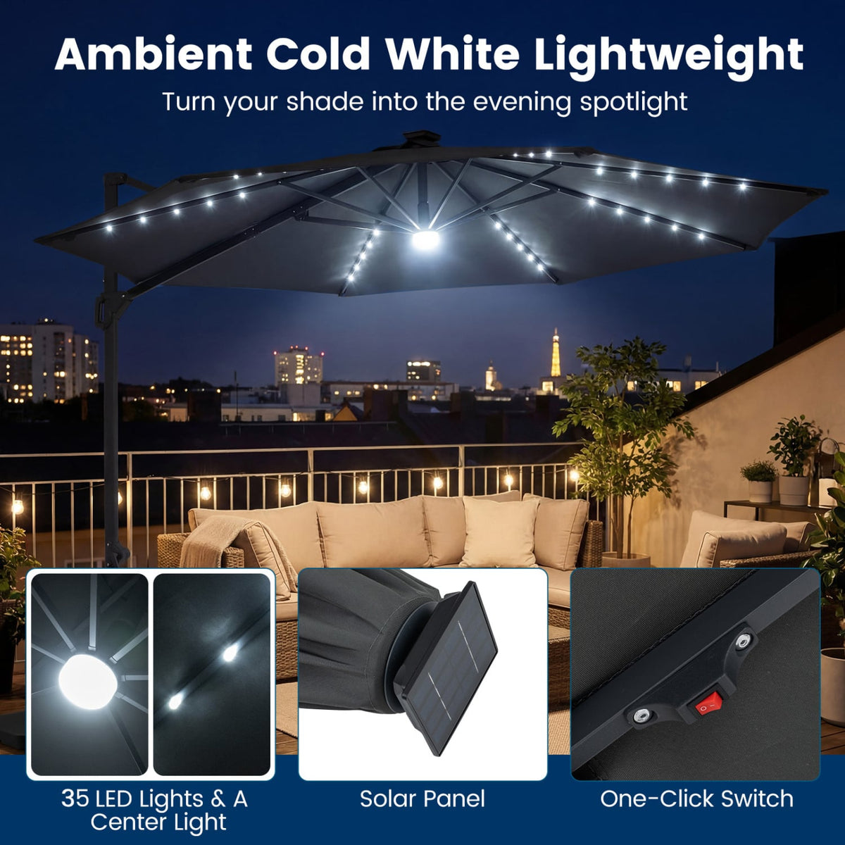 10 FT Cantilever Patio Umbrella with Solar LED Lights 360° Rotation-Gray view 7