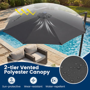 10 FT Cantilever Patio Umbrella with Solar LED Lights 360° Rotation-Gray view 8