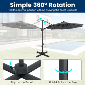 10 FT Cantilever Patio Umbrella with Solar LED Lights 360° Rotation-Gray view 9