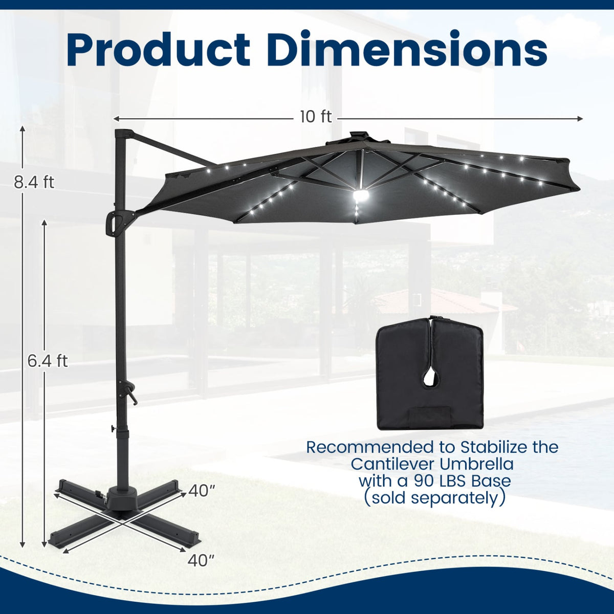 10 FT Cantilever Patio Umbrella with Solar LED Lights 360° Rotation-Gray view 5