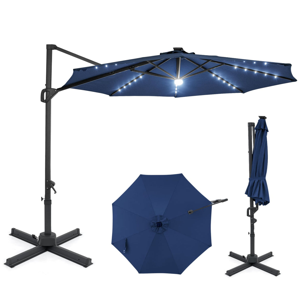 10 FT Cantilever Patio Umbrella with Solar LED Lights 360° Rotation-Navy