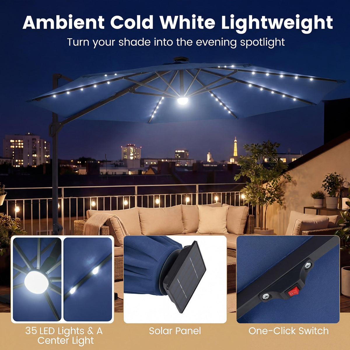 10 FT Cantilever Patio Umbrella with Solar LED Lights 360° Rotation-Navy view 7