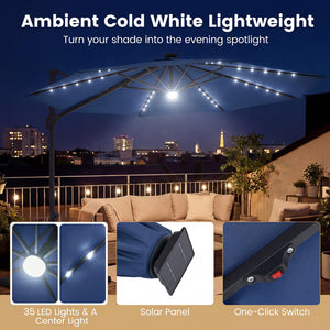 10 FT Cantilever Patio Umbrella with Solar LED Lights 360° Rotation-Navy view 7