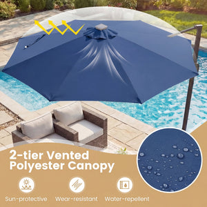 10 FT Cantilever Patio Umbrella with Solar LED Lights 360° Rotation-Navy view 8
