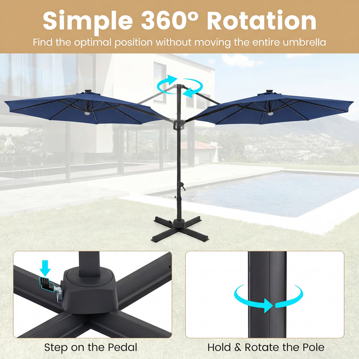 10 FT Cantilever Patio Umbrella with Solar LED Lights 360° Rotation-Navy view 9