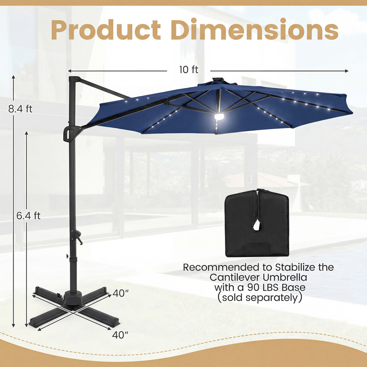 10 FT Cantilever Patio Umbrella with Solar LED Lights 360° Rotation-Navy view 5