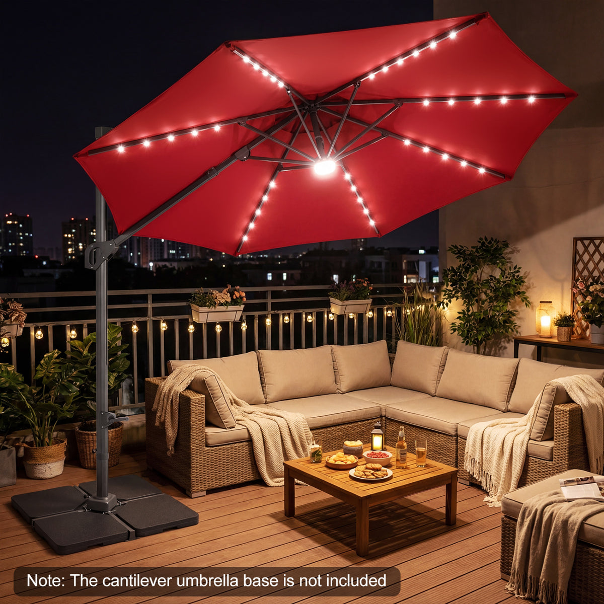 10 FT Cantilever Patio Umbrella with Solar LED Lights 360° Rotation-Wine view 3