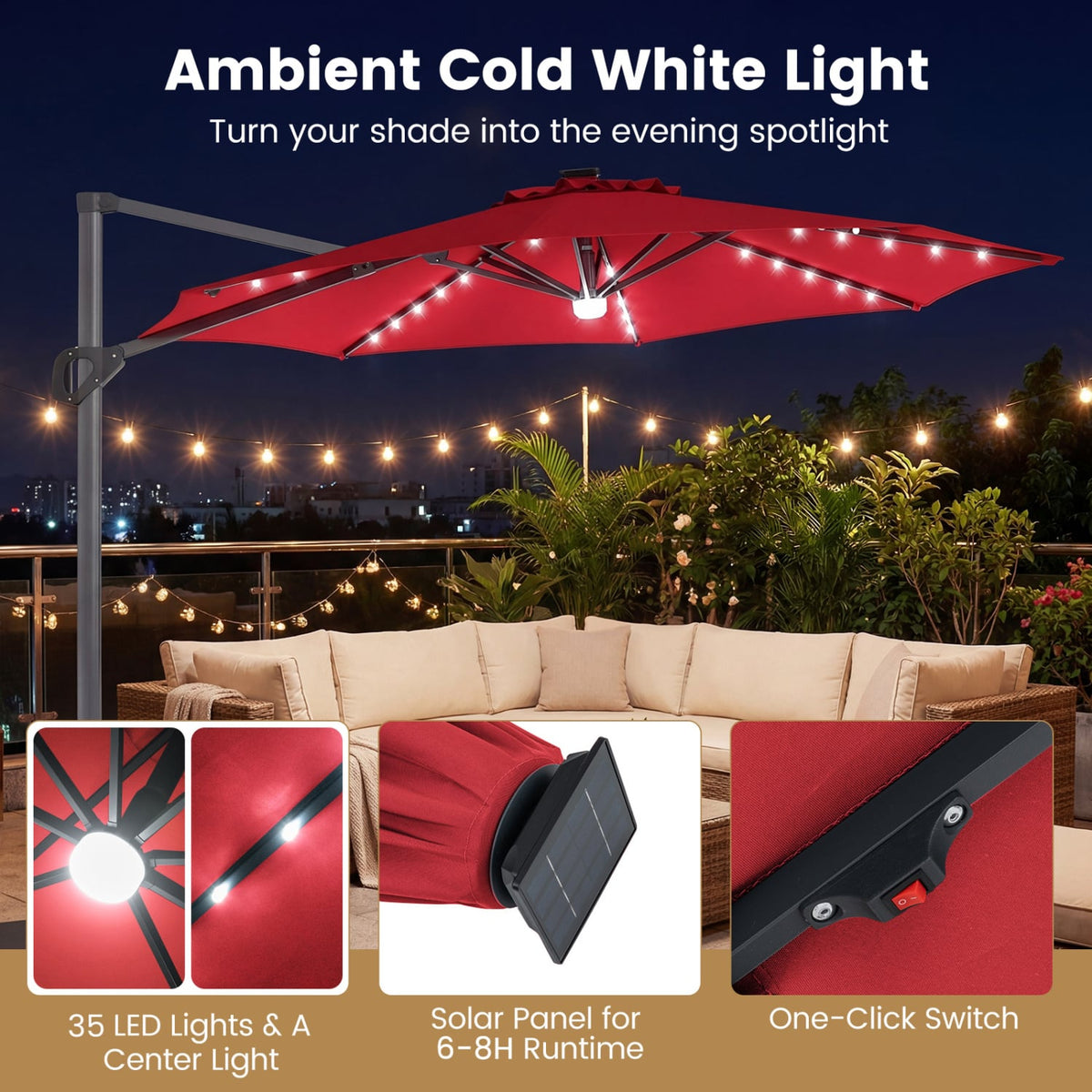 10 FT Cantilever Patio Umbrella with Solar LED Lights 360° Rotation-Wine view 7