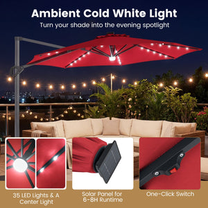 10 FT Cantilever Patio Umbrella with Solar LED Lights 360° Rotation-Wine view 7