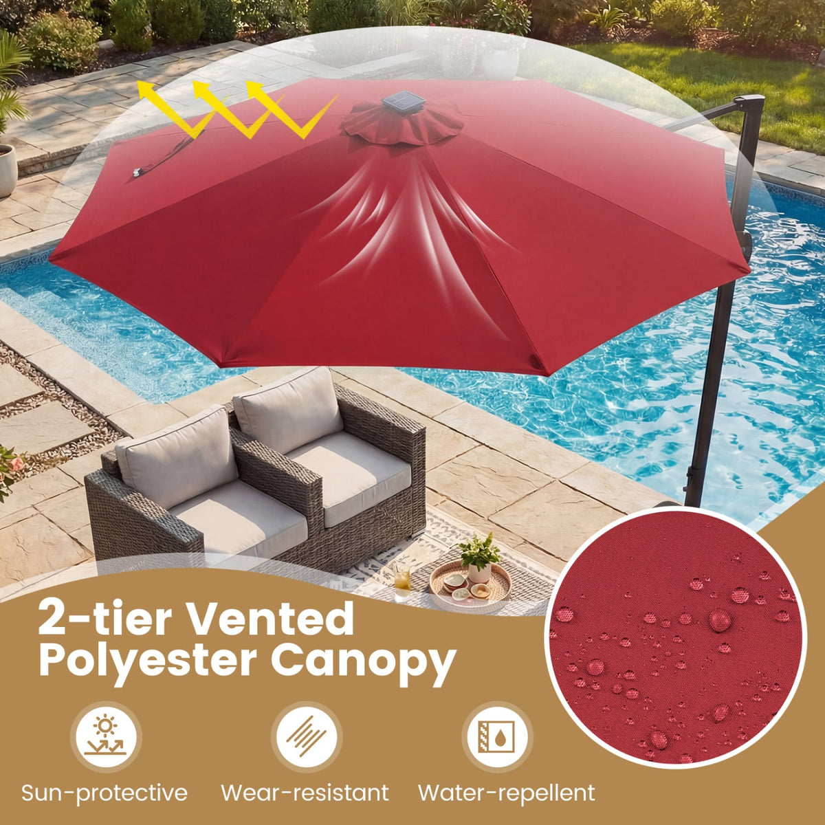 10 FT Cantilever Patio Umbrella with Solar LED Lights 360° Rotation-Wine view 8