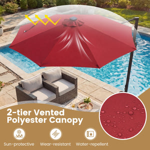 10 FT Cantilever Patio Umbrella with Solar LED Lights 360° Rotation-Wine view 8