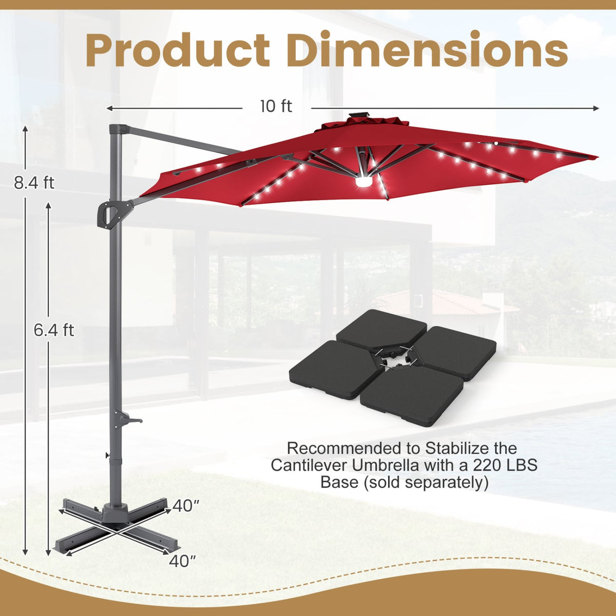 10 FT Cantilever Patio Umbrella with Solar LED Lights 360° Rotation-Wine view 5