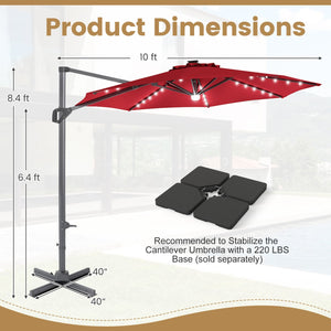 10 FT Cantilever Patio Umbrella with Solar LED Lights 360° Rotation-Wine view 5