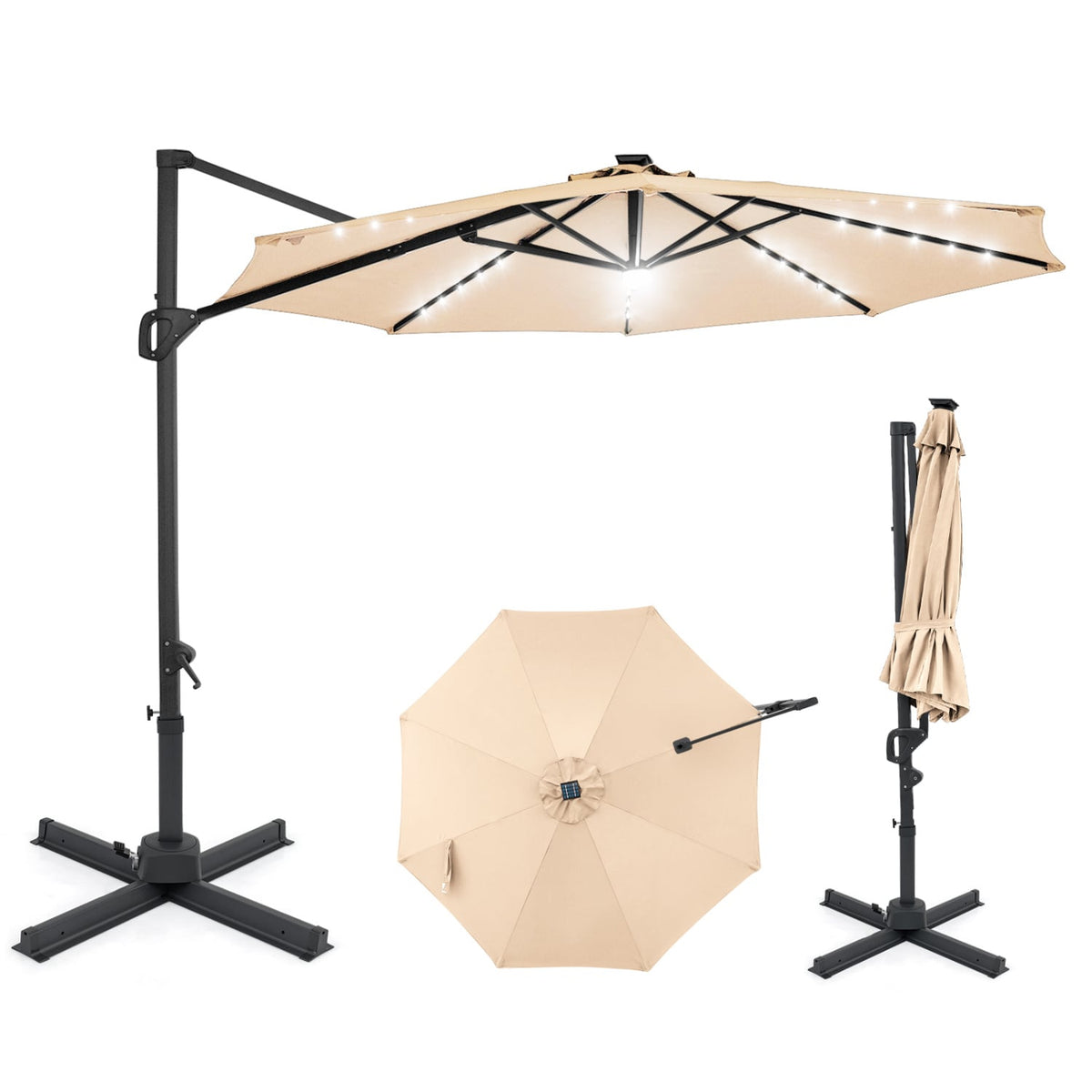 10 FT Cantilever Patio Umbrella with Solar LED Lights 360° Rotation-Beige view 4