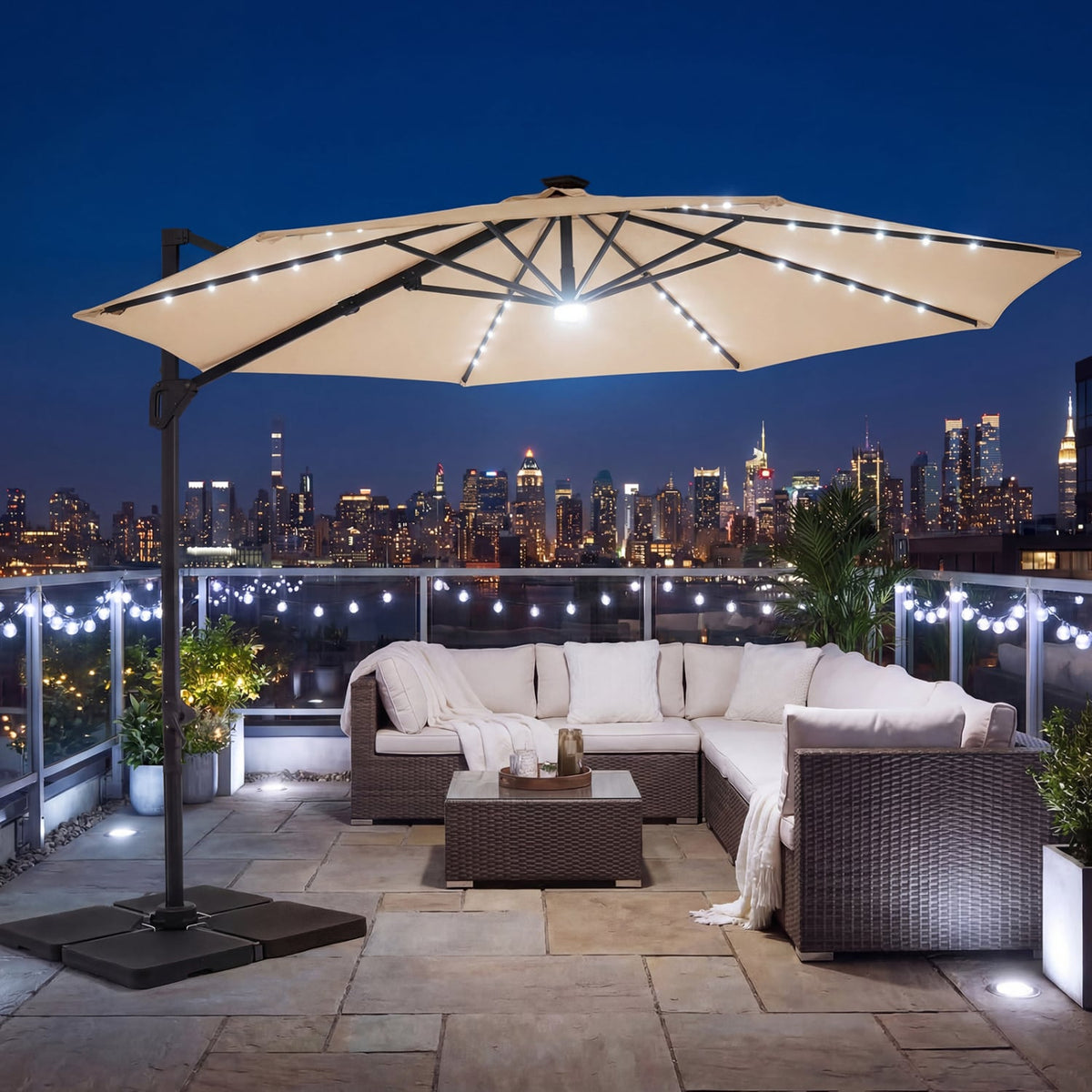 10 FT Cantilever Patio Umbrella with Solar LED Lights 360° Rotation-Beige view 3