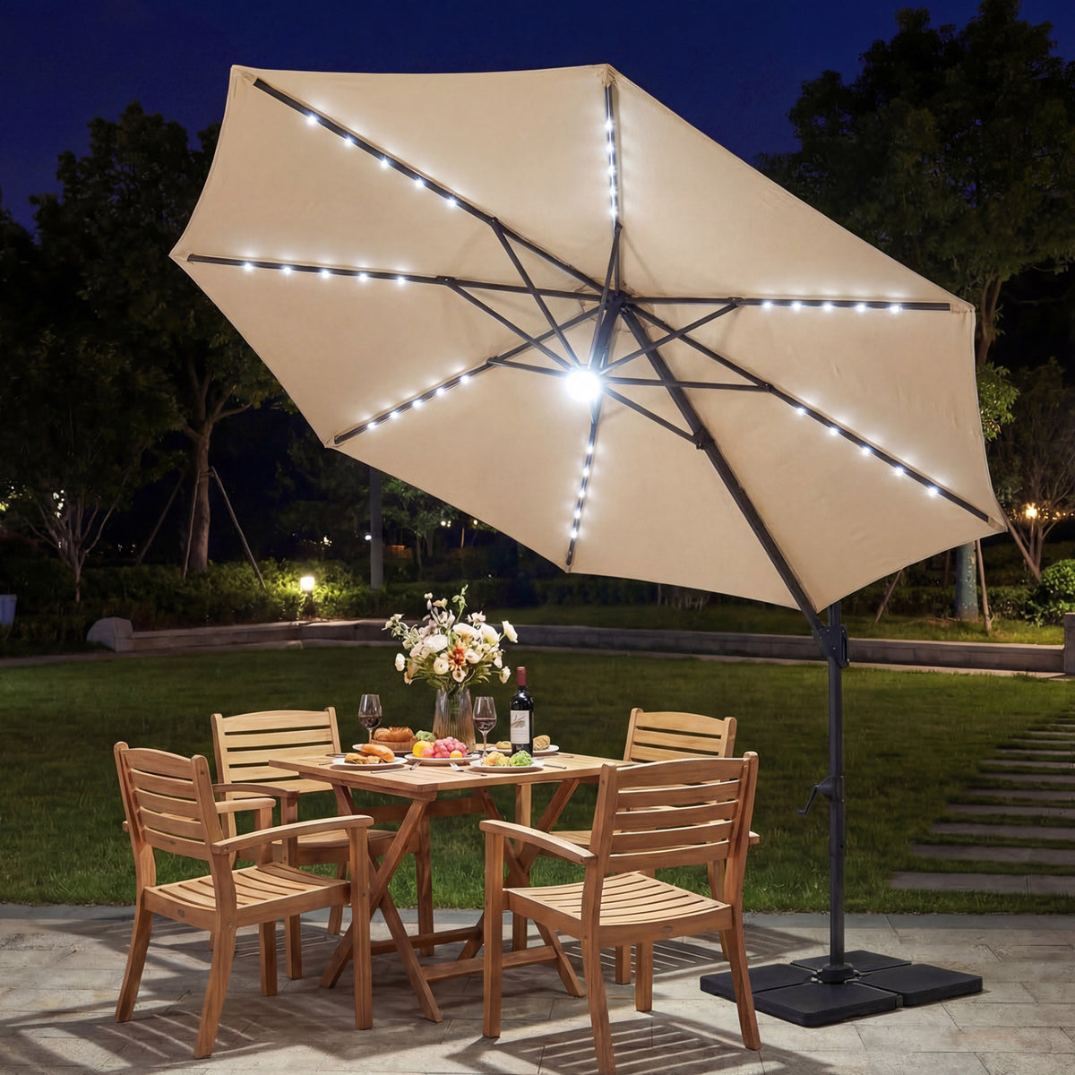 10 FT Cantilever Patio Umbrella with Solar LED Lights 360° Rotation-Beige view 6
