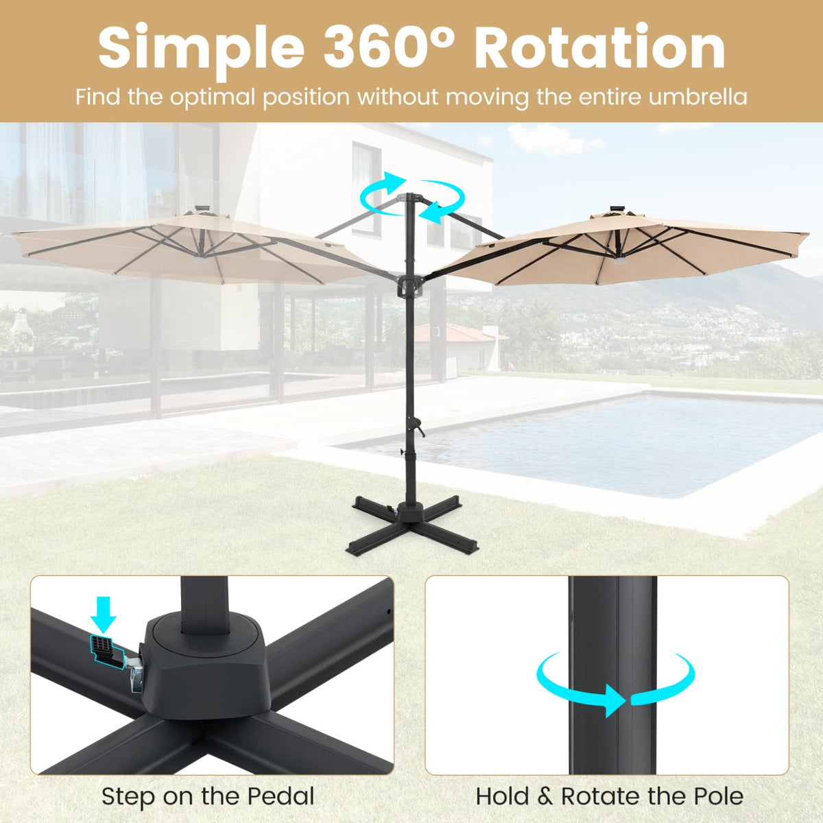 10 FT Cantilever Patio Umbrella with Solar LED Lights 360° Rotation-Beige view 9