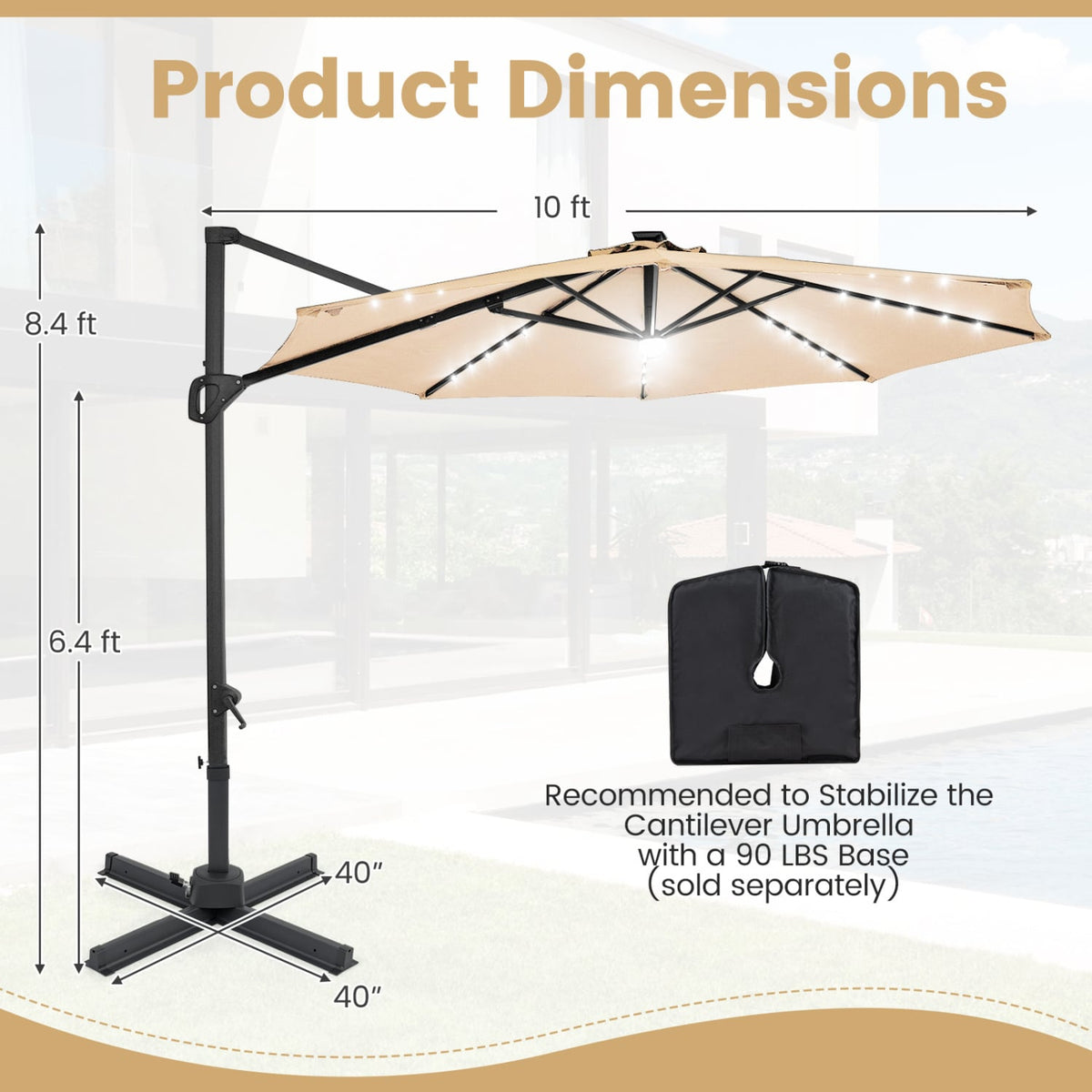 10 FT Cantilever Patio Umbrella with Solar LED Lights 360° Rotation-Beige view 5