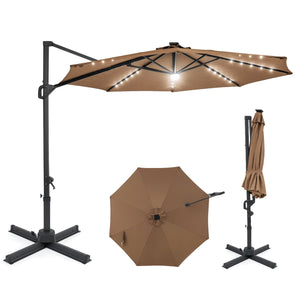 10 FT Cantilever Patio Umbrella with Solar LED Lights 360° Rotation-Brown view 4