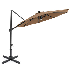 10 FT Cantilever Patio Umbrella with Solar LED Lights 360° Rotation-Brown
