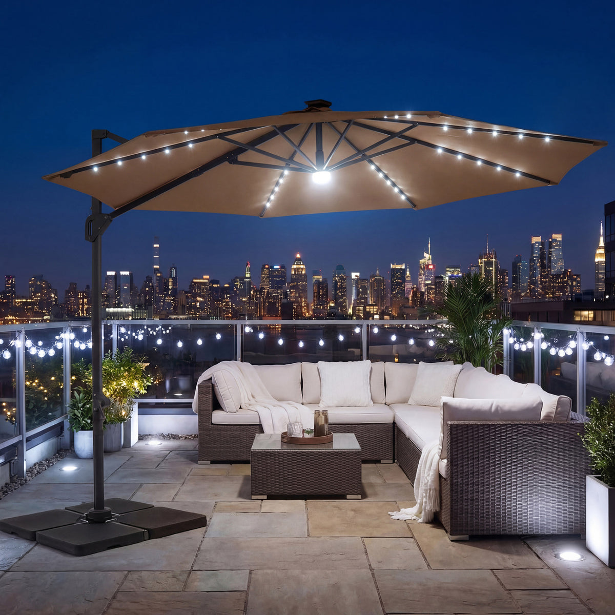 10 FT Cantilever Patio Umbrella with Solar LED Lights 360° Rotation-Brown view 3