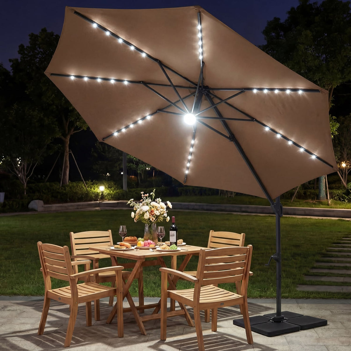 10 FT Cantilever Patio Umbrella with Solar LED Lights 360° Rotation-Brown view 6