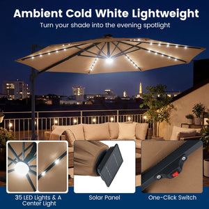 10 FT Cantilever Patio Umbrella with Solar LED Lights 360° Rotation-Brown view 7