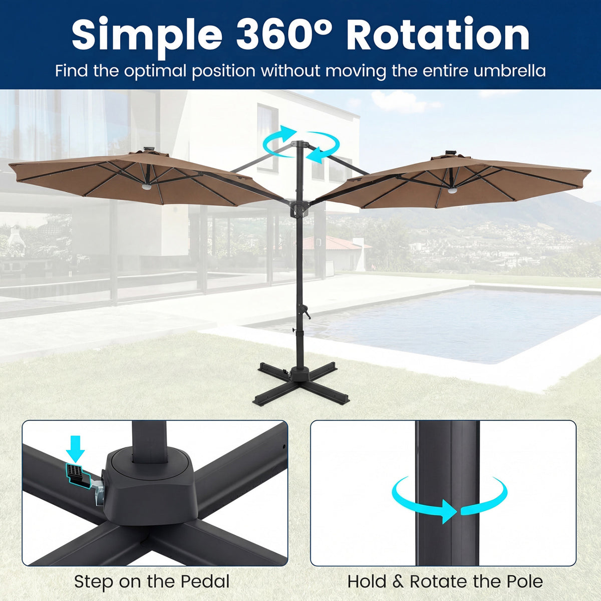 10 FT Cantilever Patio Umbrella with Solar LED Lights 360° Rotation-Brown view 9