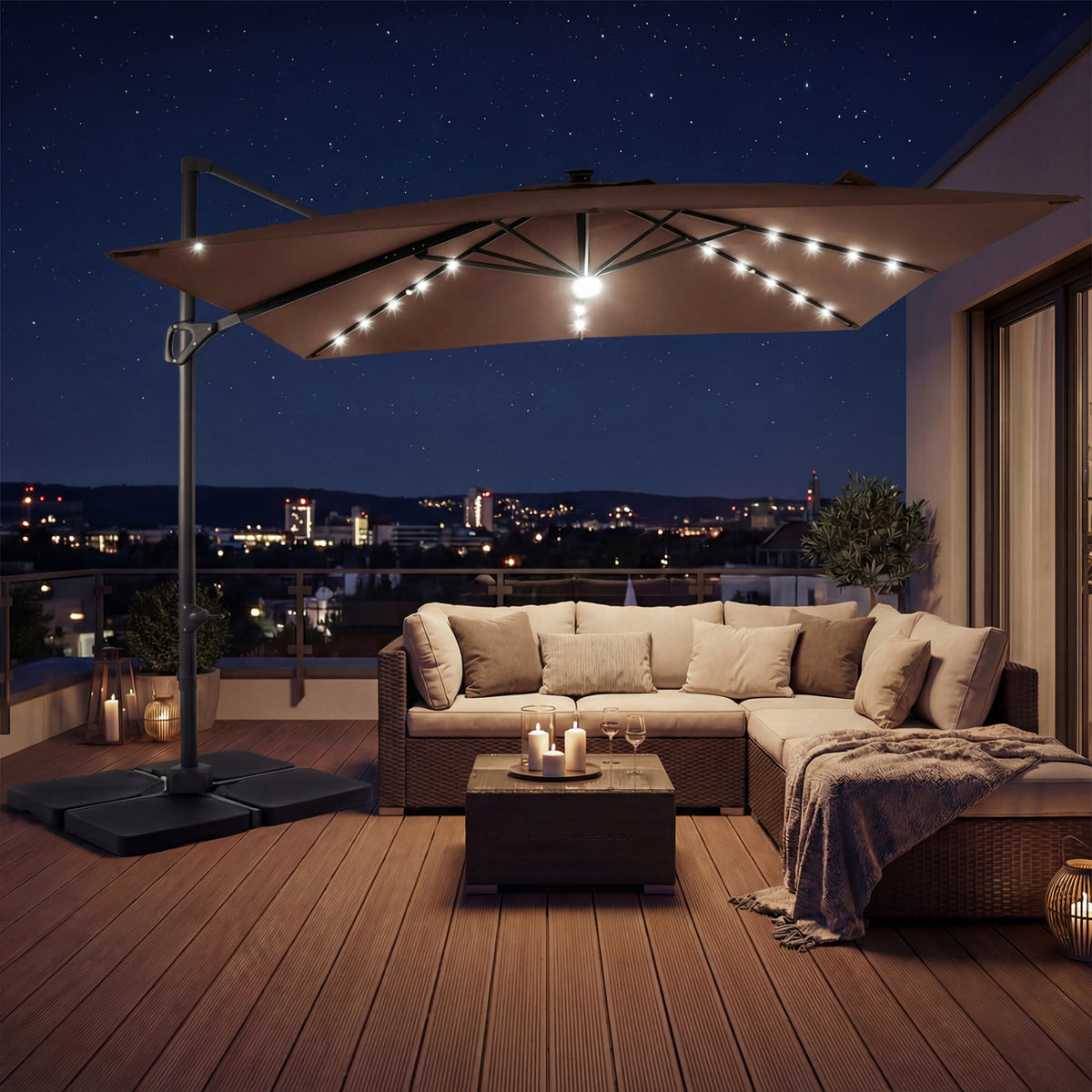 10 FT Cantilever Patio Umbrella with 32 Solar LED Lights and 220 LBS Base-Brown view 3