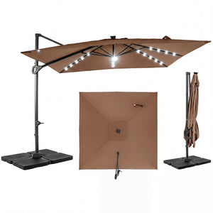 10 FT Cantilever Patio Umbrella with 32 Solar LED Lights and 220 LBS Base-Brown