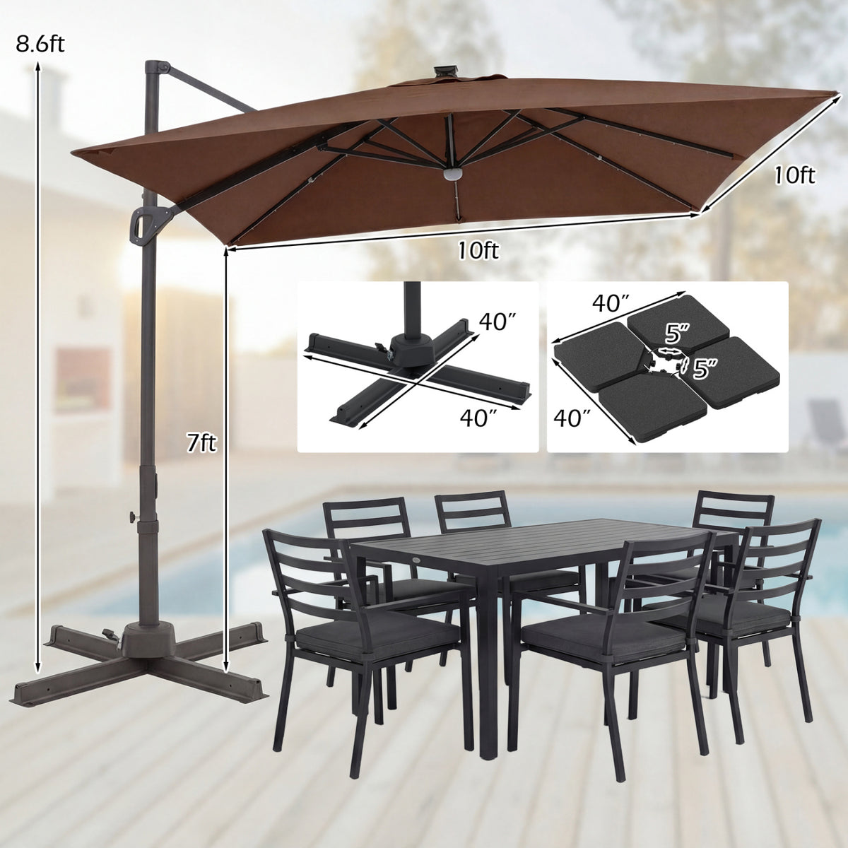 10 FT Cantilever Patio Umbrella with 32 Solar LED Lights and 220 LBS Base-Brown view 4