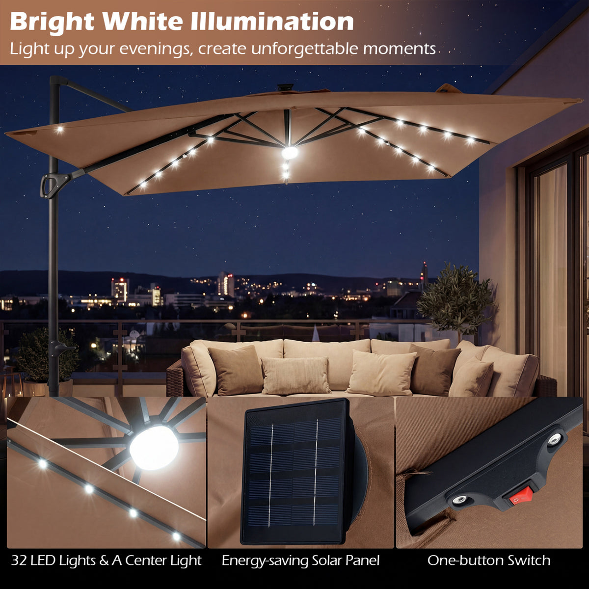 10 FT Cantilever Patio Umbrella with 32 Solar LED Lights and 220 LBS Base-Brown view 6