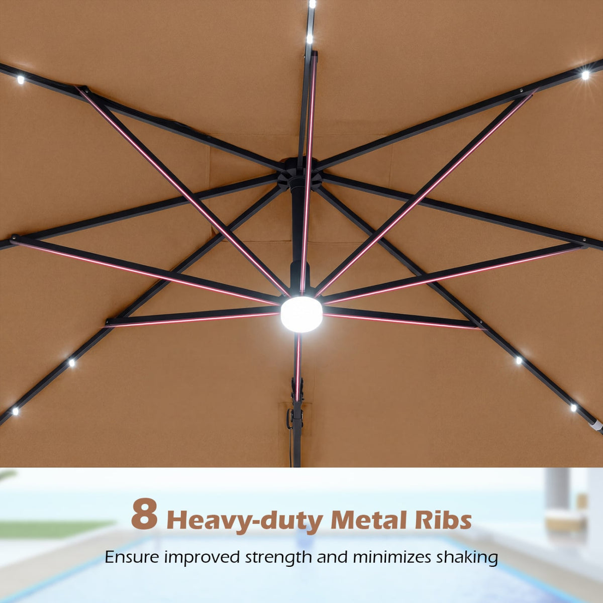 10 FT Cantilever Patio Umbrella with 32 Solar LED Lights and 220 LBS Base-Brown view 8
