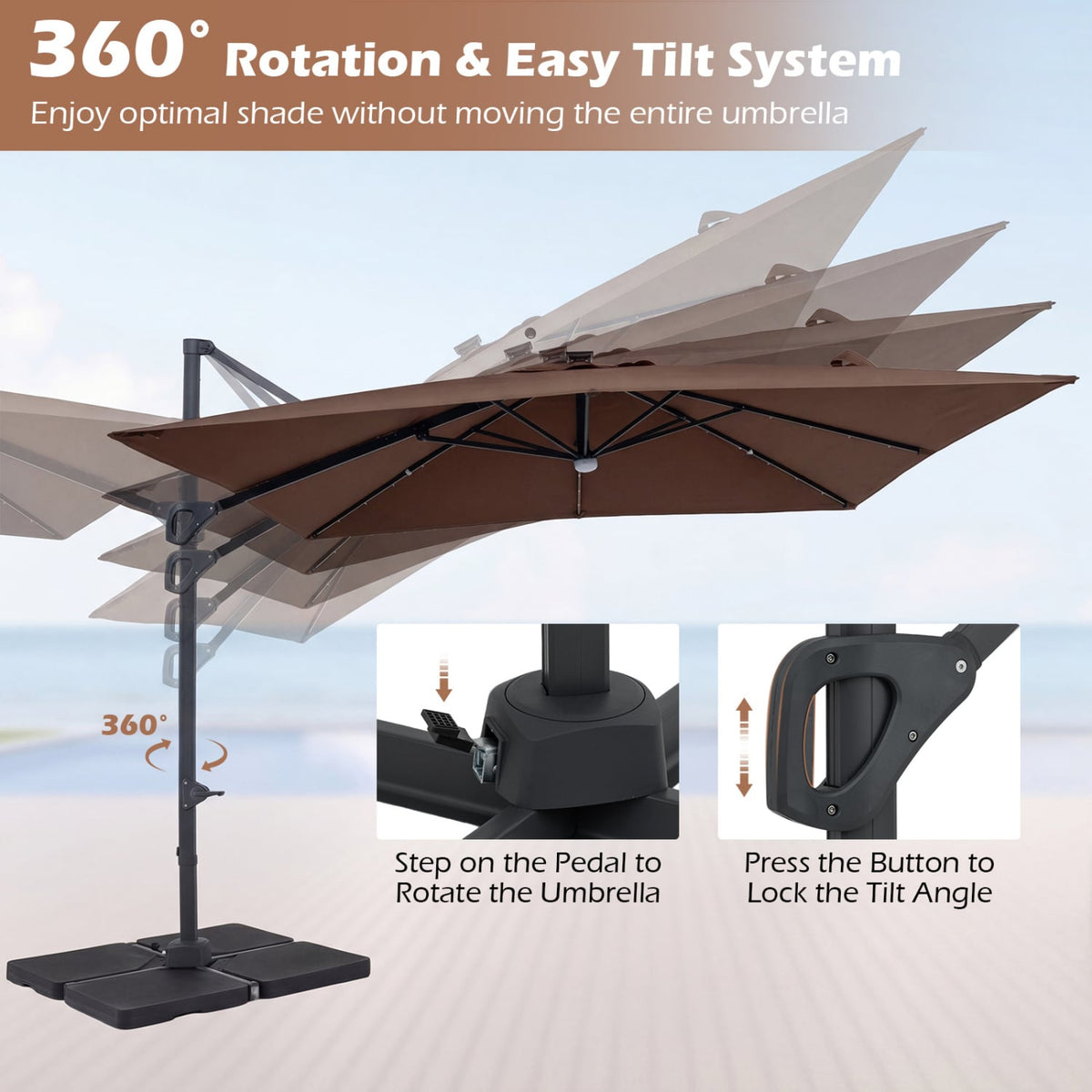 10 FT Cantilever Patio Umbrella with 32 Solar LED Lights and 220 LBS Base-Brown view 9