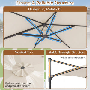 10 FT Patio Cantilever Umbrella with 360° Rotation and Air Vent for Backyard and Poolside-Beige view 8