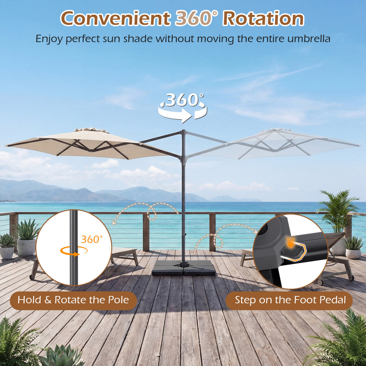 10 FT Patio Cantilever Umbrella with 360° Rotation and Air Vent for Backyard and Poolside-Beige view 9