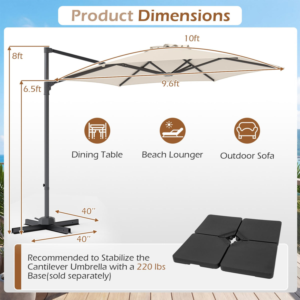 10 FT Patio Cantilever Umbrella with 360° Rotation and Air Vent for Backyard and Poolside-Beige view 5