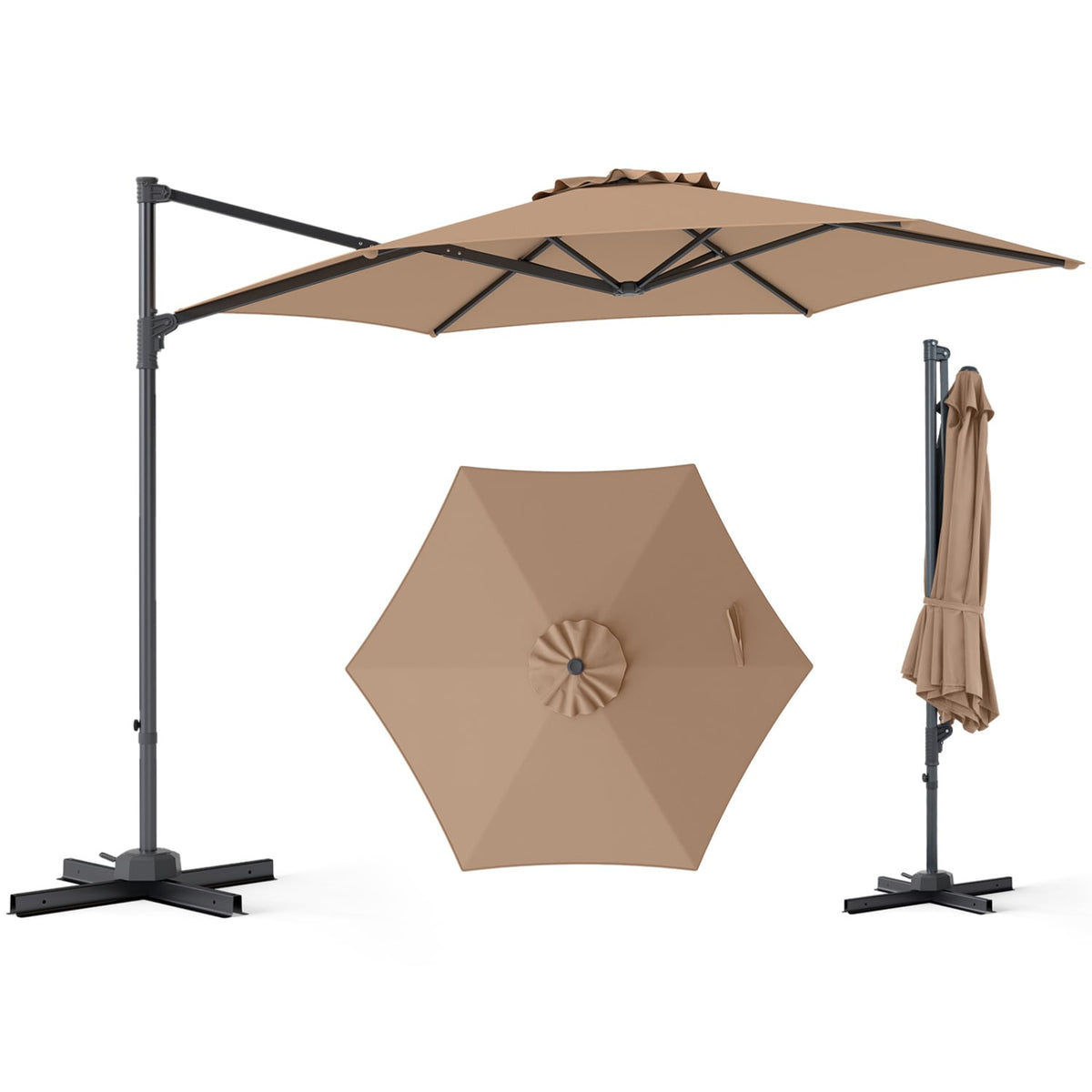 10 FT Patio Cantilever Umbrella with 360° Rotation and Air Vent for Backyard and Poolside-Tan