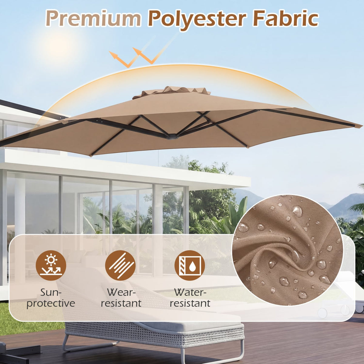 10 FT Patio Cantilever Umbrella with 360° Rotation and Air Vent for Backyard and Poolside-Tan view 7